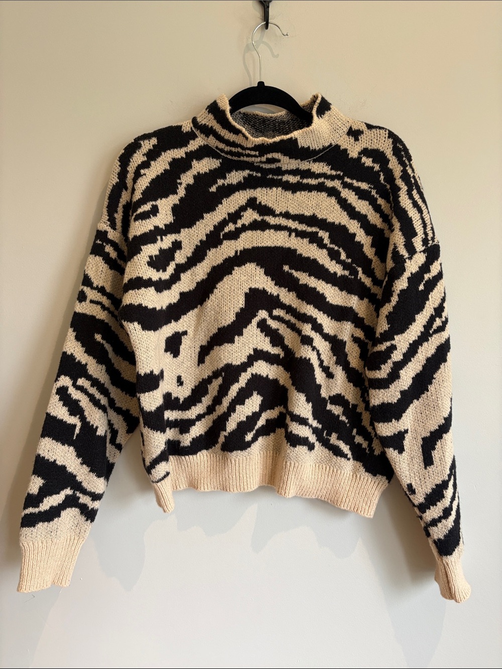 Women's Black & Cream Zebra-Print Mock Neck Sweater